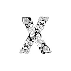 Floral letter outline illustration. Alphabet symbol for coloring book or laser cutting. Leaves, flowers, petals doodle drawing. Monochrome linear blossom. Monogram with black and white batik texture