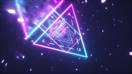 Crazy flight in a retro futuristic space through neon glowing figures in the style of the 80s. 360 degree camera rotation. Seamless loop 3d animation