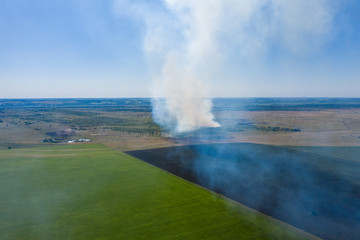 Aerial view of wildfire in green fields from hot weather, natural disaster accident, burning forest and huge clouds of smoke