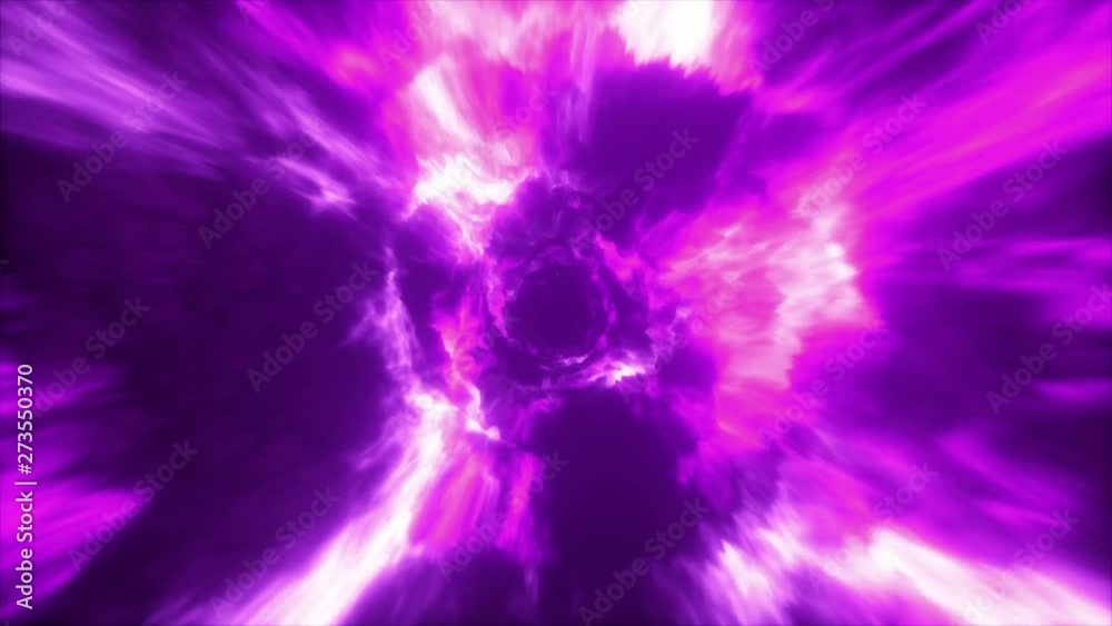 Wall mural flying in a colorful abstract energy tunnel in outer space. vortex energy flows in modern purple lig