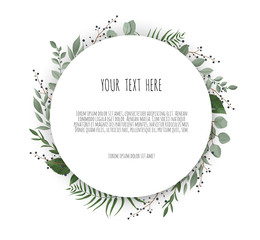 Vector floral frame. Greeting, postcard wedding invite template. Elegant frame with foliage.