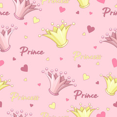 Seamless vector pattern for prince and princess. Crown pink, gold crown, hearts, inscriptions on a pink background. Print for birthday.