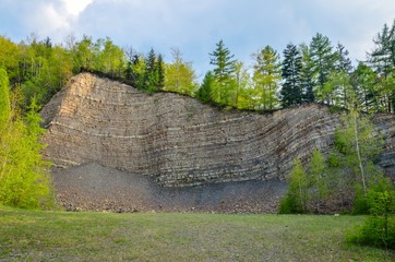 Beautiful spring mountain landscape. Quarry n a mountain forest.