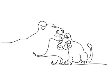 Young lioness with lion cub one line drawing