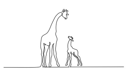 Giraffe with baby Continuous one line drawing - obrazy, fototapety, plakaty