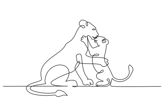 Young lioness with lion cub one line drawing