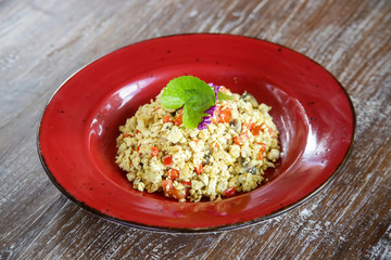 Simple tofu scramble, a vegan alternative to scrambled eggs.