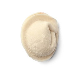 Frozen raw dumpling on white background, top view