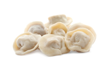 Pile of boiled dumplings on white background