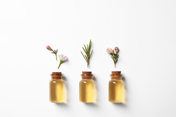 Flat lay composition with bottles of natural tea tree oil on white background