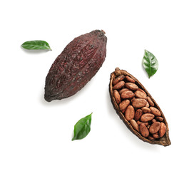 Composition with cocoa pods on white background, top view
