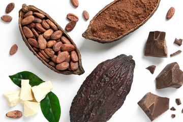 Composition with cocoa products on white background, top view