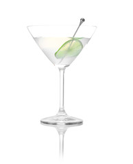 Glass of tasty martini with lime on white background