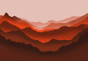 Digital illustration of mountains and trees in red glow