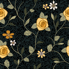 Vector vintage seamless pattern with stylized roses and abstract flowers on a dark background