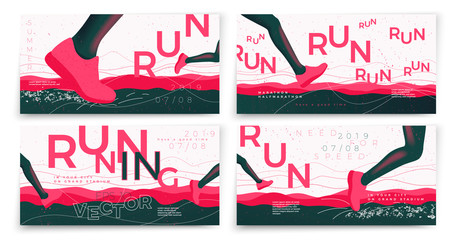 Vector typographic running banners template set, with legs, grunge textures, and place for your texts.