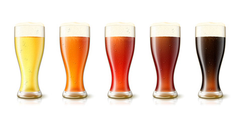 Vector 3d realistic various beers in tall glasses, yellow, amber, red, dark and black. Mockup template for beer advertising