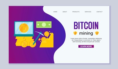 Mining Bitcoins. Modern concept of digital bitcoin crypto mining. Extracting golden coins from rock with a jackhammer. Cryptocurrency Vector Illustration for web landing page or banner.