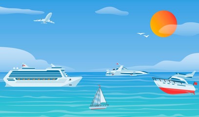 Sea boats and little fishing ships. Sailboats flat vector background illustration.Water transport yacht and ship sailboat in blue sea with sun, seagull and airplane.