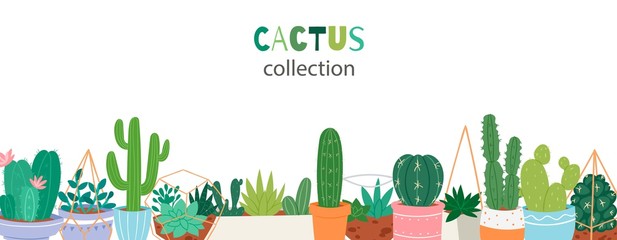 Cactus plants in garden pottery with green hand written font. Green Cacti, aloe vera, cactus with flowers and succulents collection vector illustration. Home greenery garden. © partyvector