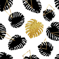 Summer tropical palm leaves seamless pattern with gold triangles and black monstera leaf. 