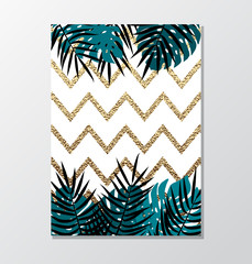 Tropical palm leaves card design on gold glitter chevron background. 