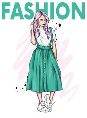 Beautiful girl with long hair in a stylish dress, sneakers and a T-shirt. Fashionable clothes and accessories. Fashion & Style. Vector illustration.