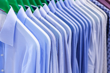 Rack With Office Shirts In Department Store Or Clothes Boutique.
