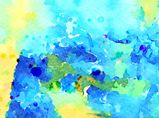 Abstract watercolor background with wet splashes of paint on paper. Good as backdrop print of cards, flyers, invitations and other creative making production.