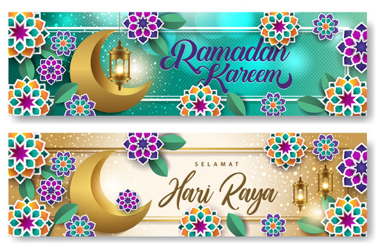 Ramadan kareem and Selamat Hari Raya Horizontal banners with Half a month, Lantern and Beautiful flowers vector