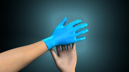 Hands putting on gloves over a creative blue background. 3d illustration