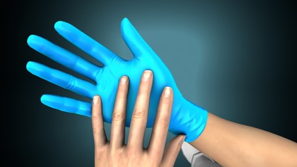 Hands putting on gloves over a creative blue background. 3d illustration