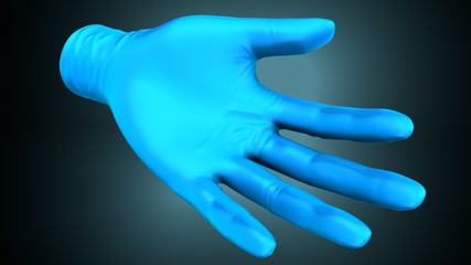 Hands putting on gloves over a creative blue background. 3d illustration