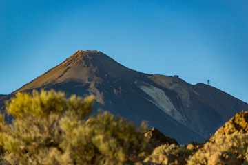 Fototapeta premium Mountain Teide with funicular facilities on the right slope. Bright blue saturated sunset sky. Blurred endemic plants in the foreground. Teide National Park, Tenerife, Canary Islands, Spain