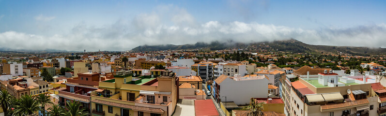 Aerial view of the historic town of San Cristobal de La Laguna in Tenerife showing the buildings...