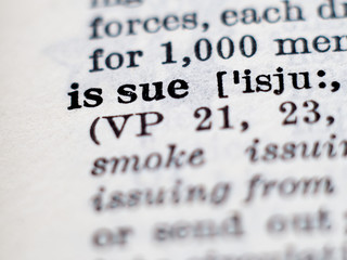 Dictionary definition of word issue. Selective focus.