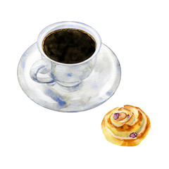Watercolor illustration with black coffee and bun