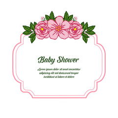 Vector illustration lettering baby shower with artwork pink rose wreath frame