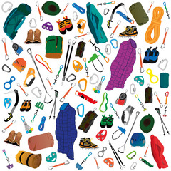 Vector illustration of various gear and supplies for camping and climbing