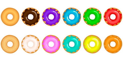 Vector illustration of colorful delicious doughnuts with various toppings and tastes on white background