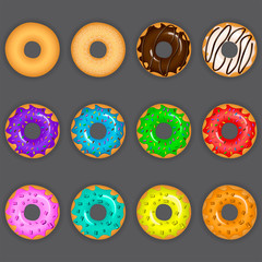 Vector illustration of colorful delicious doughnuts with various toppings and tastes on gray background
