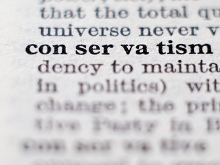 Dictionary definition of word conservatism. Selective focus.