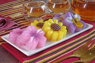 Thai dessert : Layer sweet cake (or Khanom Chan) Thai traditional dessert in beautiful flowers...