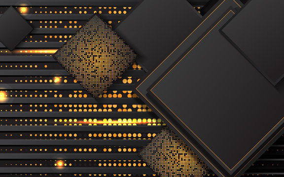 Abstract 3d structure black background. Modern layout and luxury cover design with golden shiny pattern
