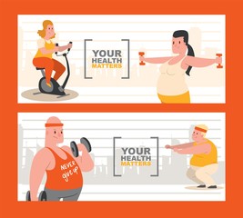 People with overweight doing exercises set of banners vector illustration. Your health matters. Never give up T-shirt. Fat women and men on exercise bike, fitness, with dumbbells.