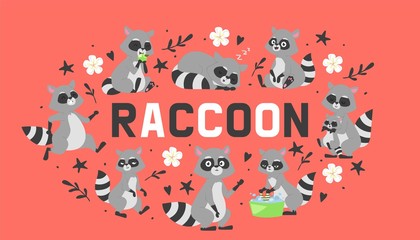 Raccoon in different positions doing various activities banner vector illustration. Cartoon female character washing clothes in bowl other sleeping, walking, sitting, holding child.