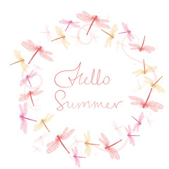 Round frame of dragonflies. Vector illustration isolated on white background.