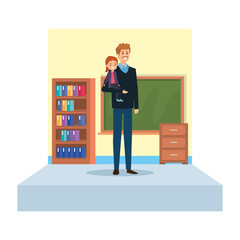 male teacher and little girl in school classroom