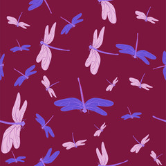 Fototapeta na wymiar Burgundy seamles stexture with dragonflies. Vector pattern.