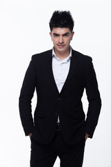 Portrait half body Snap Figure, Caucasian Business Man Stand in dark Black proper Suit pants and shoes, studio lighting white background isolated, Western Male Model happy smile with magician cards